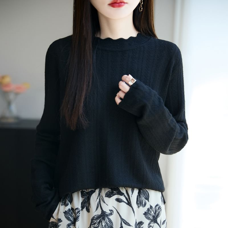Plain Lace Trim High Neck Long-Sleeved Knit Top