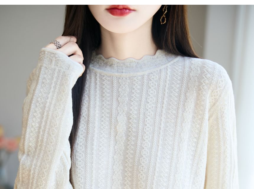 Plain Lace Trim High Neck Long-Sleeved Knit Top