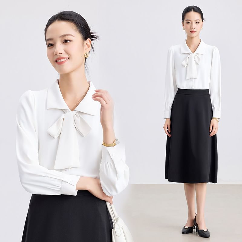Tie Front Collared Blouse + High Rise Midi A-Line Skirt