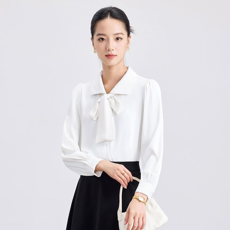 Long-Sleeve Collared Tie-Front Blouse & High-Rise Midi A-Line Skirt Set