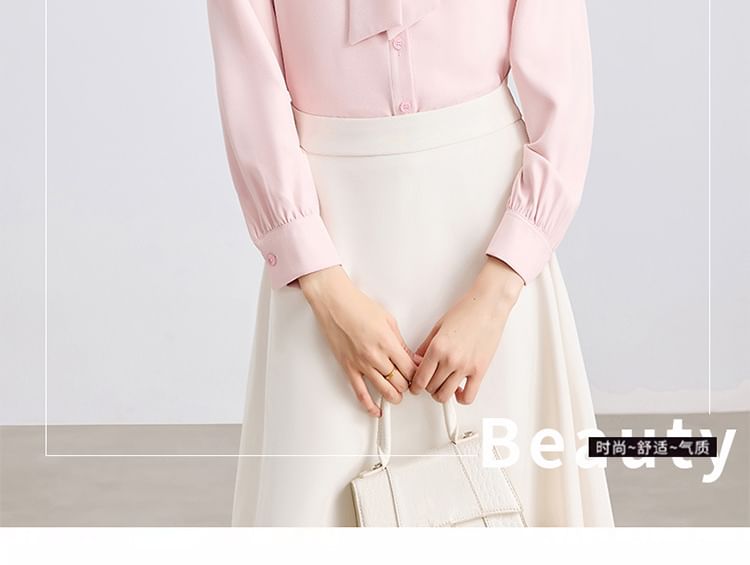 Long-Sleeve Collared Tie-Front Blouse & High-Rise Midi A-Line Skirt Set