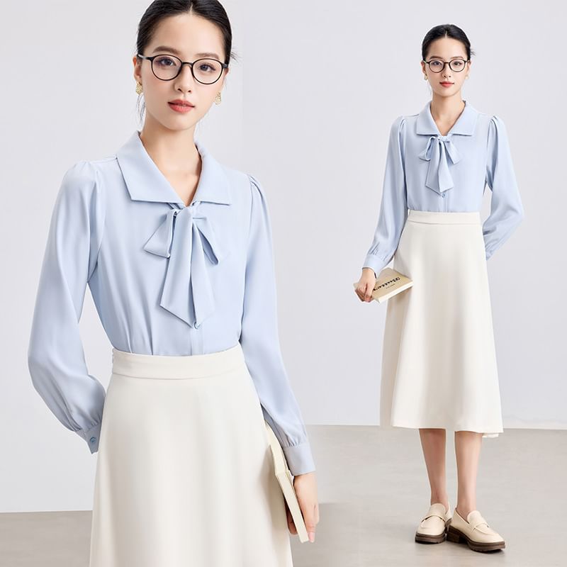 Tie Front Collared Blouse + High Rise Midi A-Line Skirt Set