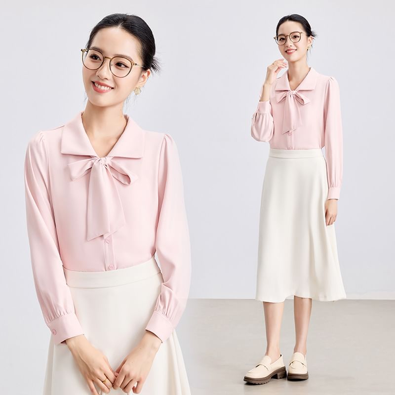 Tie Front Collared Blouse + High Rise Midi A-Line Skirt Set
