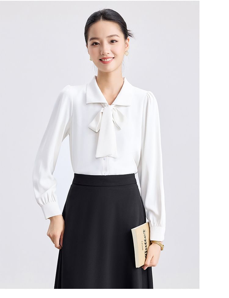 Tie Front Collared Blouse + High Rise Midi A-Line Skirt Set