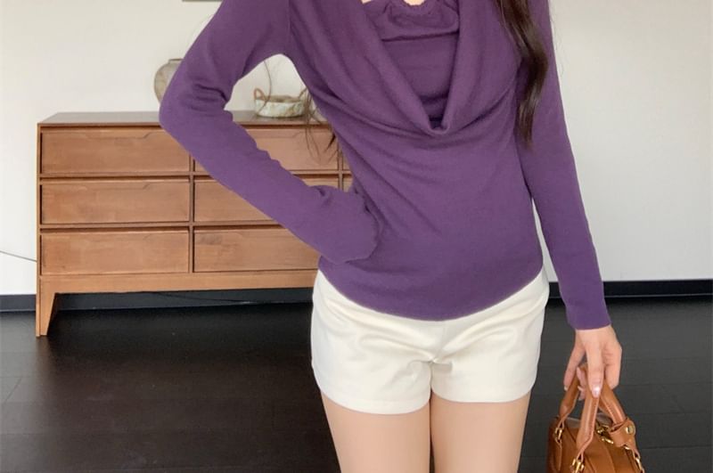 Plain Beaded Slim-Fit Mock Two-Piece Halter Long-Sleeved Knit Top