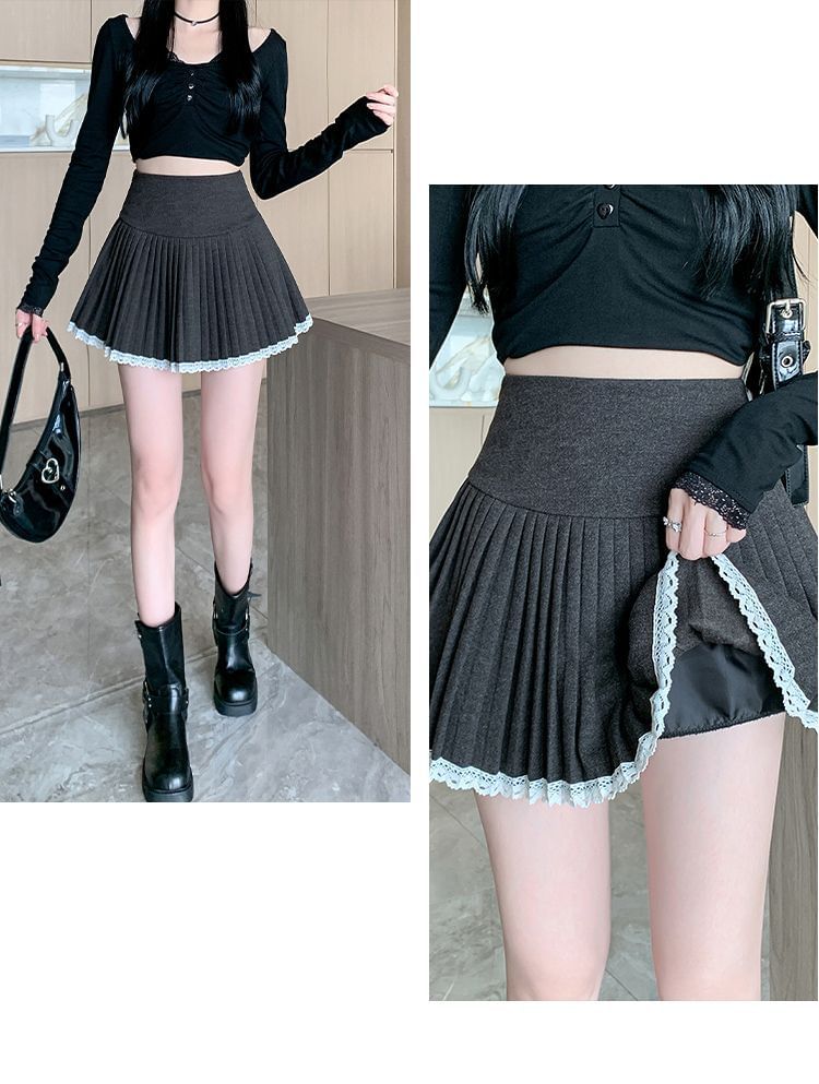 High-Waist Lace Trim Pleated Mini Skirt