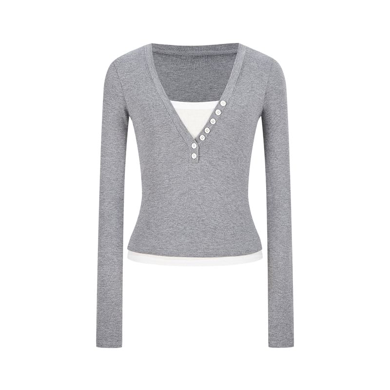 Color-Block Mock-Layer V-Neck Sleeved Fitted Tee