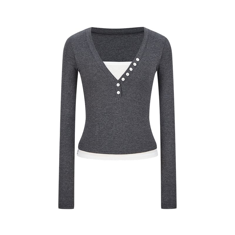 Color-Block Mock-Layer V-Neck Sleeved Fitted Tee