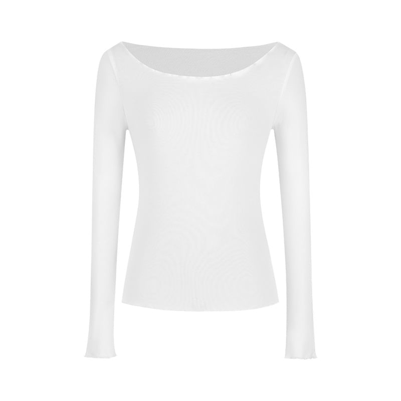Plain Ruffled-Trim Cold-Shoulder Sleeved Fitted Top