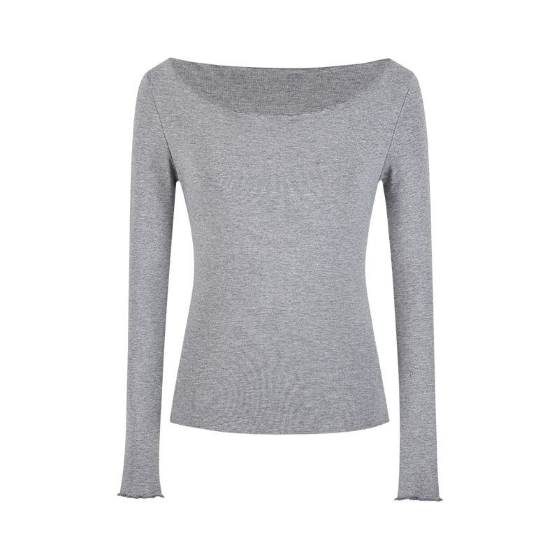 Plain Ruffled-Trim Cold-Shoulder Sleeved Fitted Top