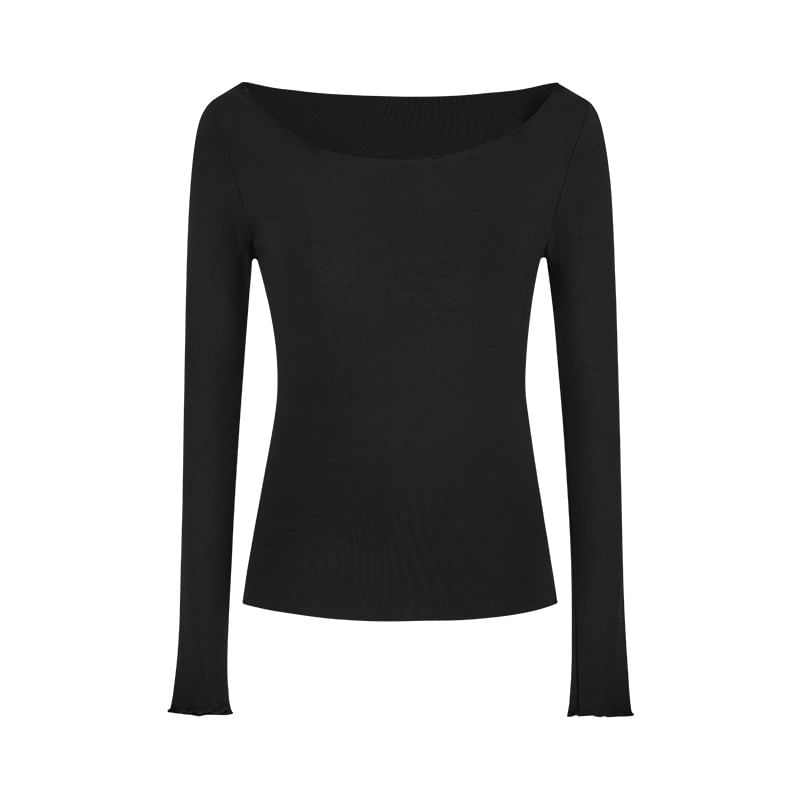 Plain Ruffled-Trim Cold-Shoulder Sleeved Fitted Top
