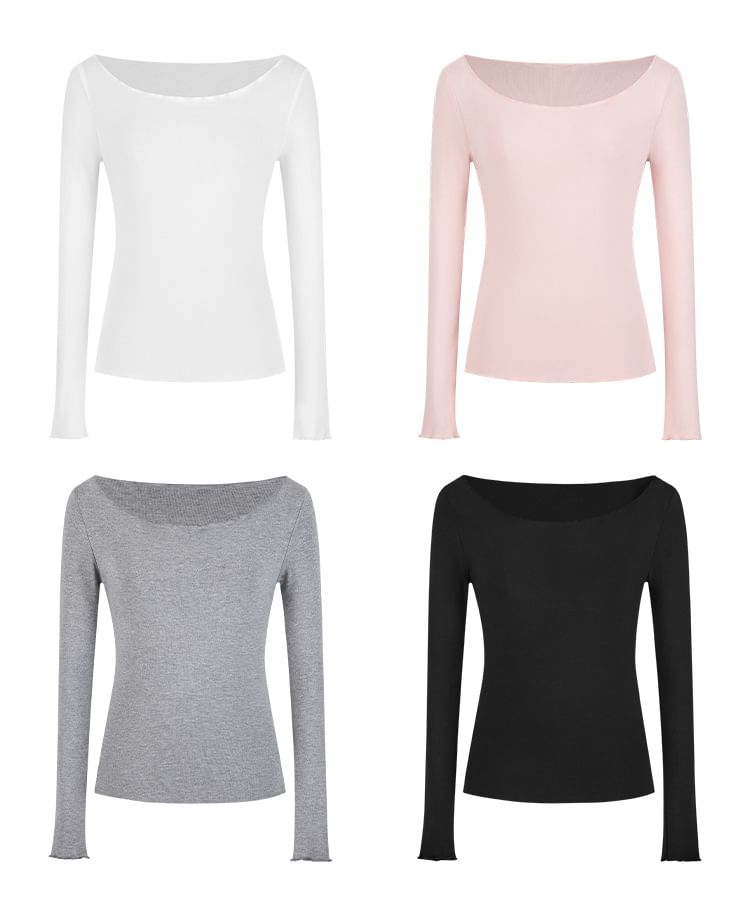 Plain Ruffled-Trim Cold-Shoulder Sleeved Fitted Top