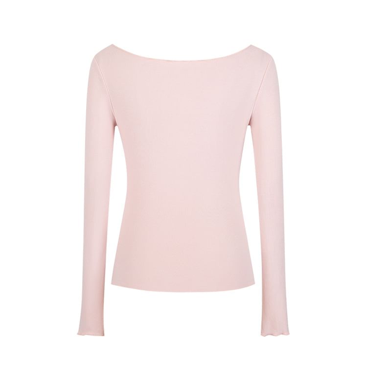 Plain Ruffled-Trim Cold-Shoulder Sleeved Fitted Top