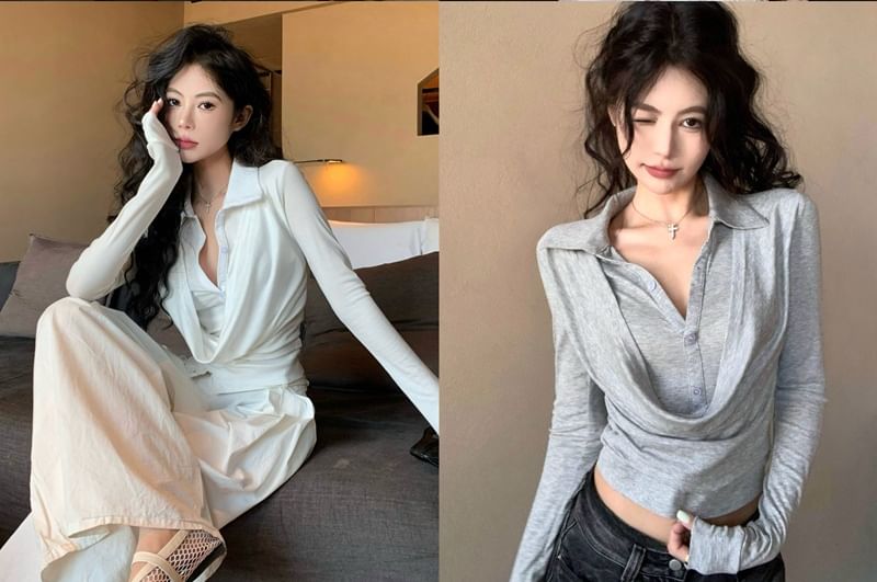 Plain Slim-Fit Mock-Layer Sleeved Cropped Tee