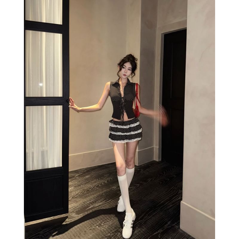 Dotted Tie-Front Slim-Fit Tank Top / Low Waist Lace-Trim Mini Skirt