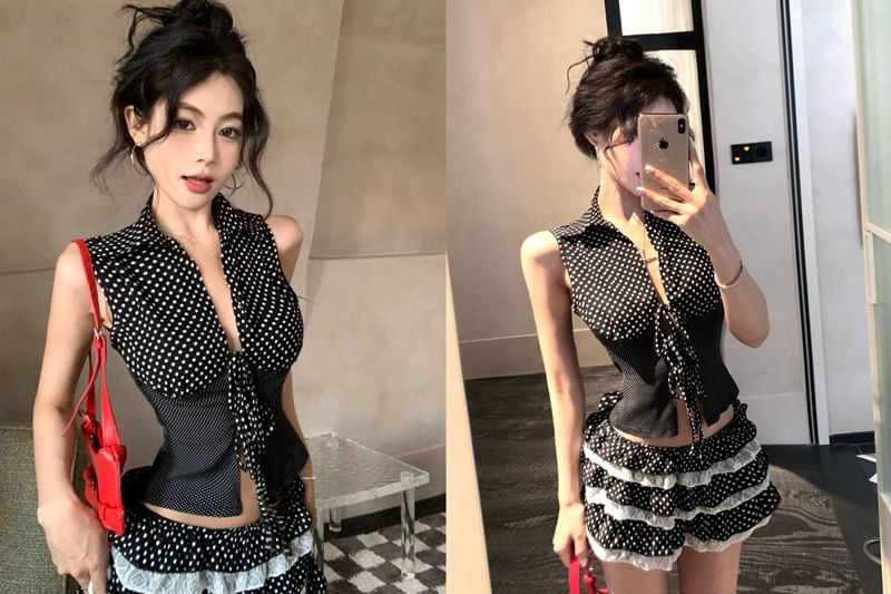 Dotted Lace-Trim Fitted Tank + Low-Rise Mini Skirt