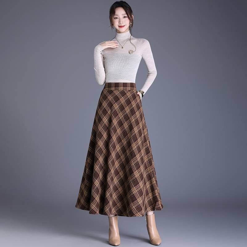 High-Waist Plaid Midi A-Line Skirt