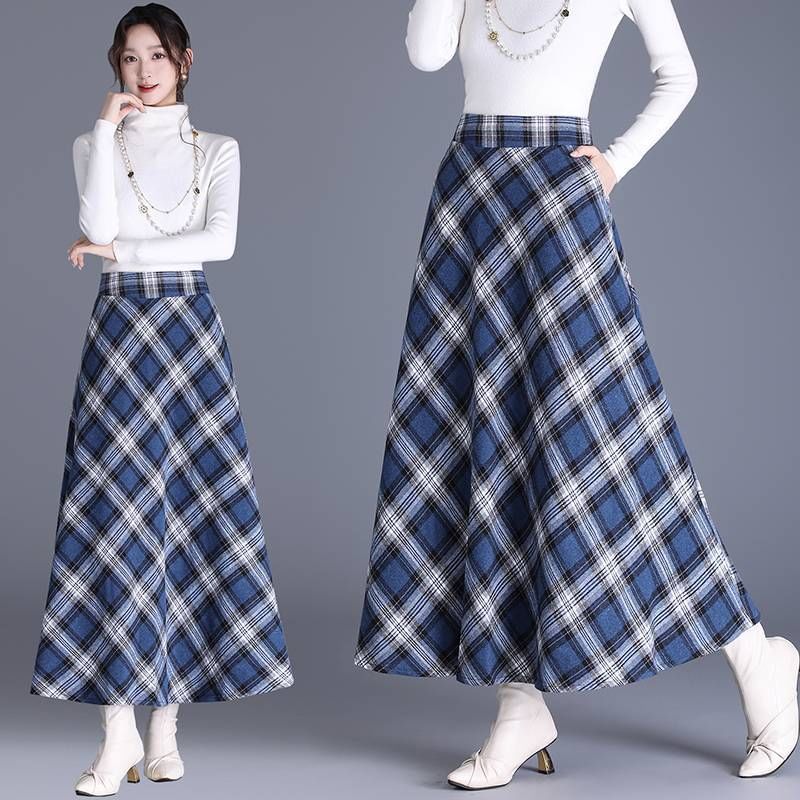 High-Waist Plaid Midi A-Line Skirt