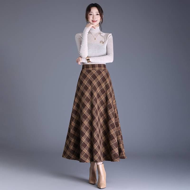 High-Waist Plaid Midi A-Line Skirt