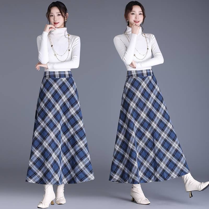 High-Waist Plaid Midi A-Line Skirt