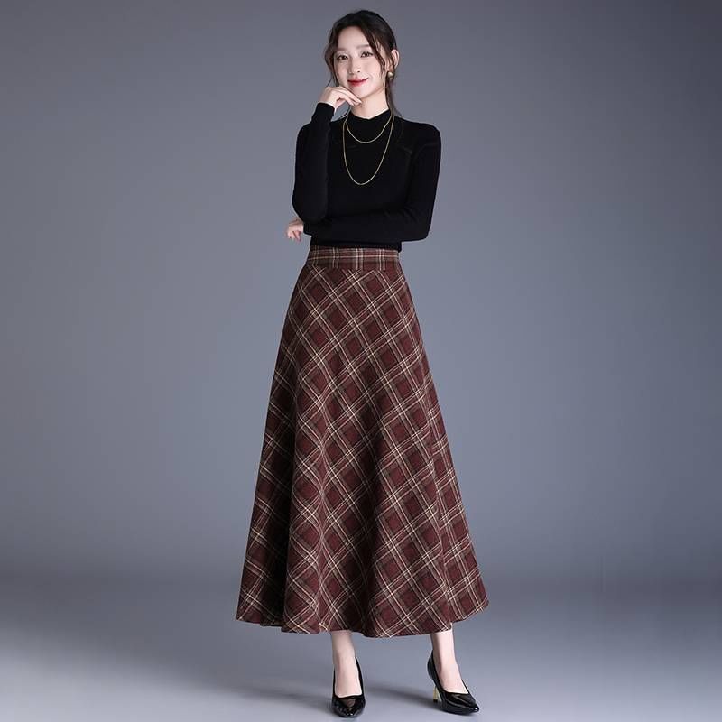 High-Waist Plaid Midi A-Line Skirt