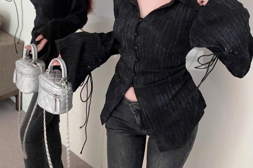 Flare-Sleeve Lace-Up Plain Shirt