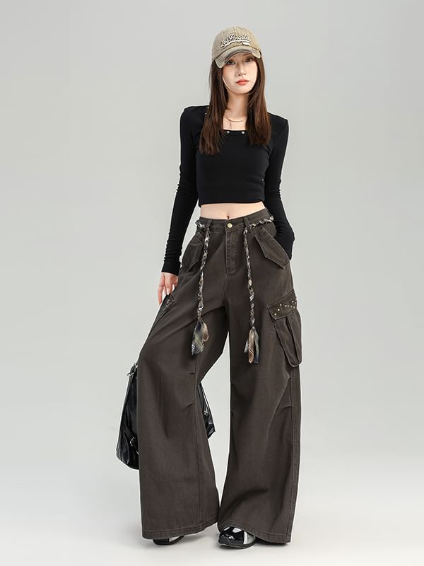 Mid Rise Plain Baggy Cargo Pants (Various Designs)