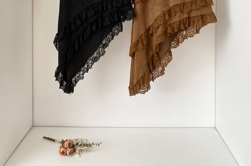 Faux Suede Asymmetrical Lace Panel A-Line Skirt
