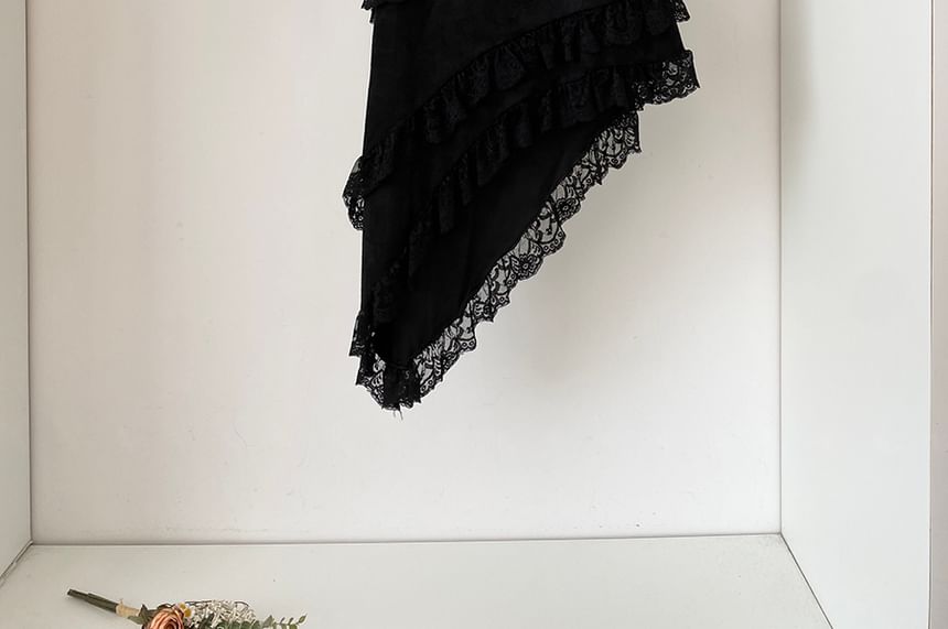 Faux Suede Asymmetrical Lace Panel A-Line Skirt