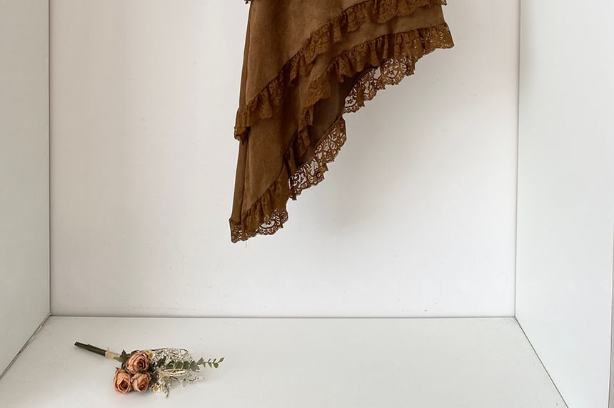 Faux Suede Asymmetrical Lace Panel A-Line Skirt