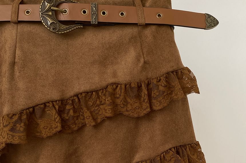 Faux Suede Asymmetrical Lace Panel A-Line Skirt
