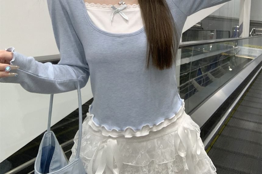 Two-Tone Square-Neck Sleeved Mock-Layer Top