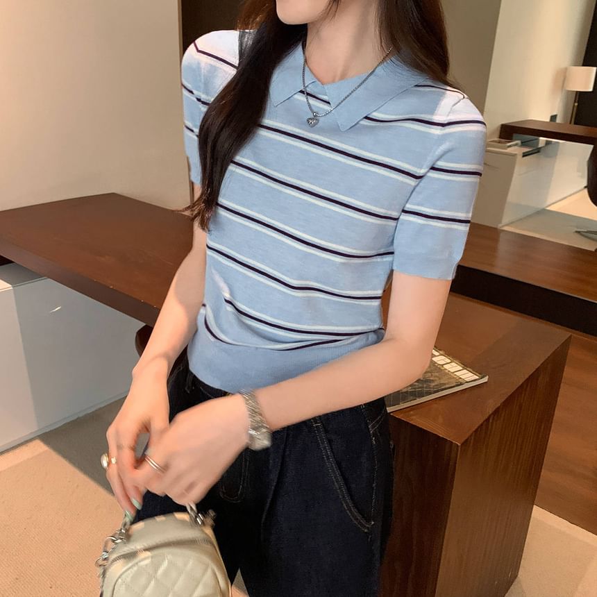 Striped Knit Short Sleeve Polo Top