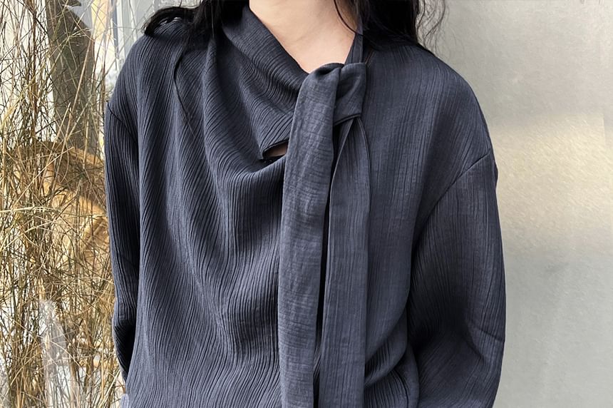 Tie-Neck Long-Sleeved Plain Blouse