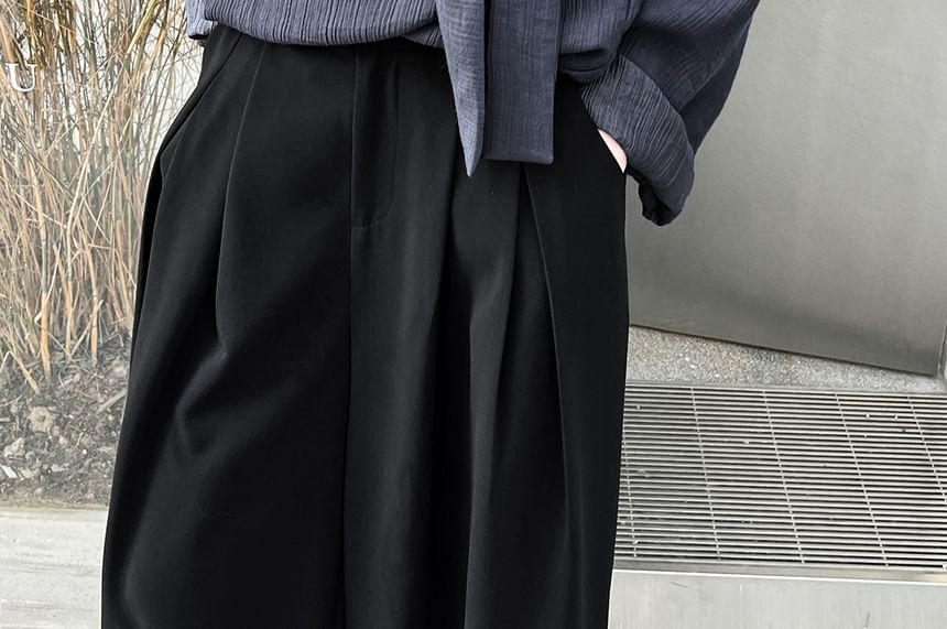 Tie-Neck Long-Sleeved Plain Blouse