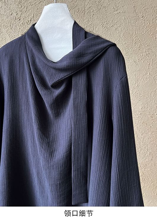 Tie-Neck Long-Sleeved Plain Blouse