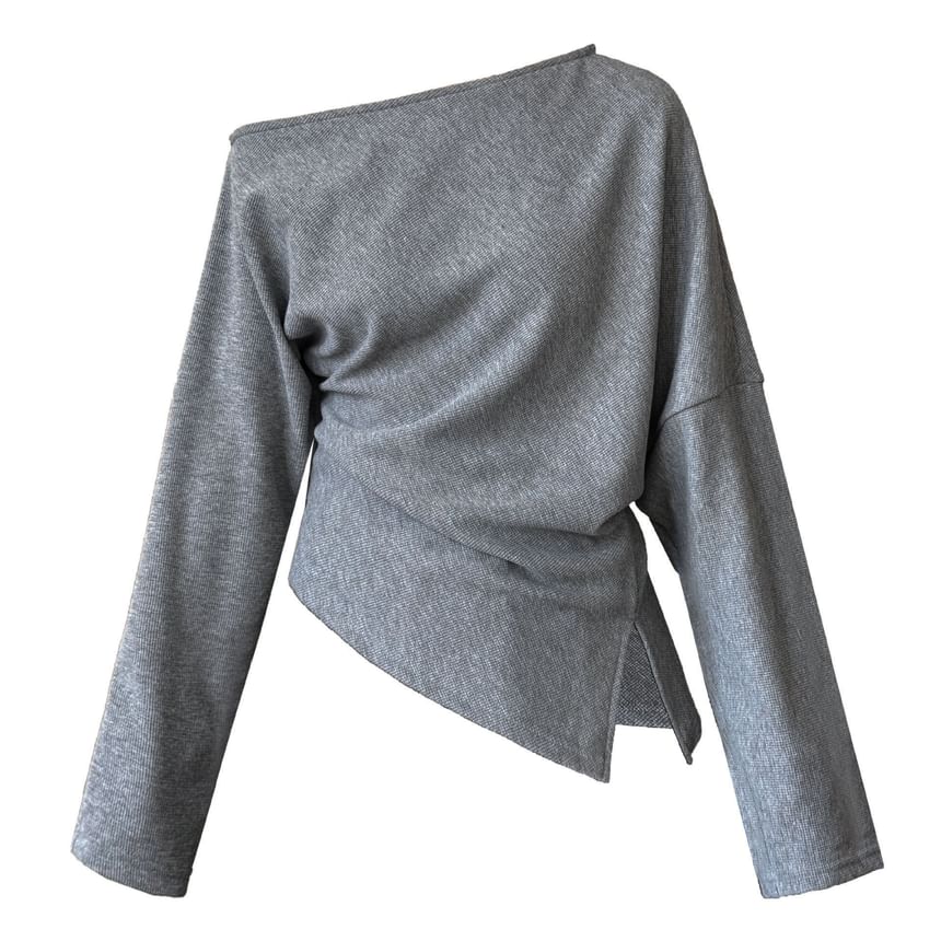 Boat-Neck Ruched Asymmetric Slit Long-Sleeved Tee