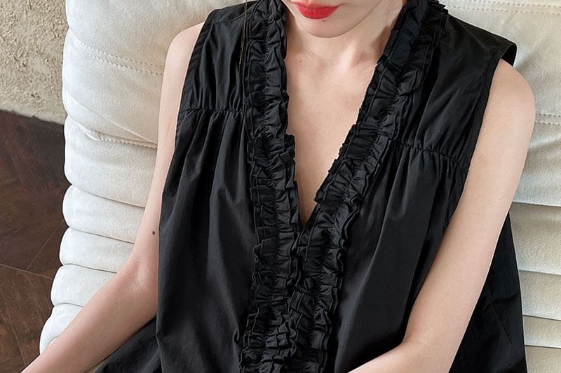 V-Neck Sleeveless Plain Ruffle-Trim Blouse