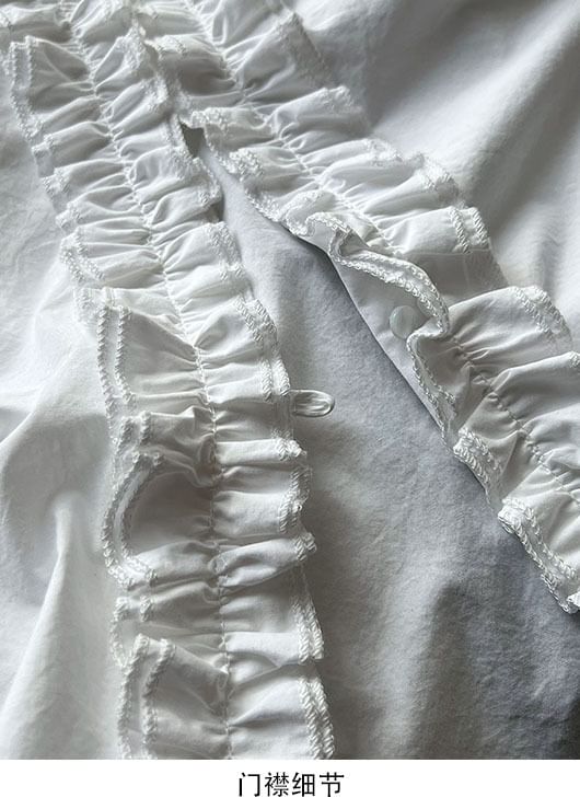 V-Neck Sleeveless Plain Ruffle-Trim Blouse