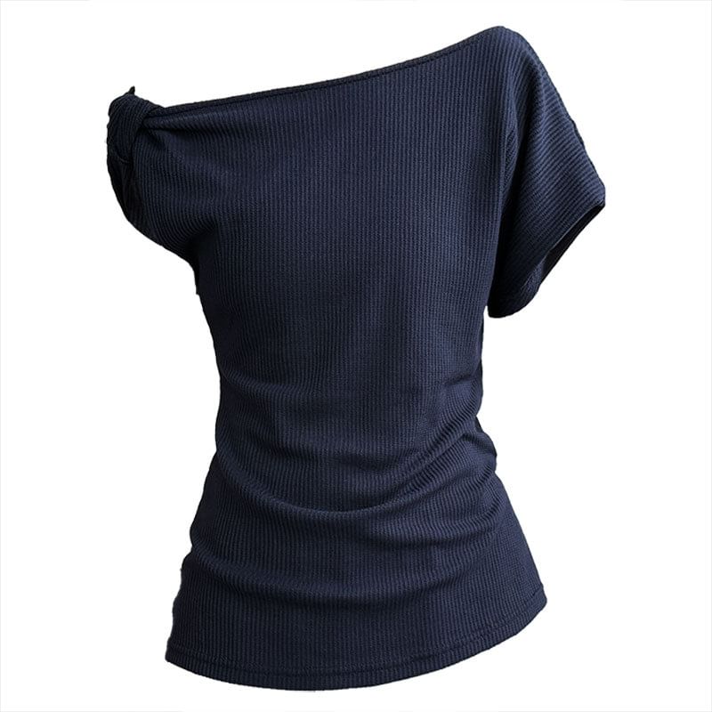 Asymmetric Off-Shoulder Short-Sleeved Plain Ribbed Slim-Fit Tee