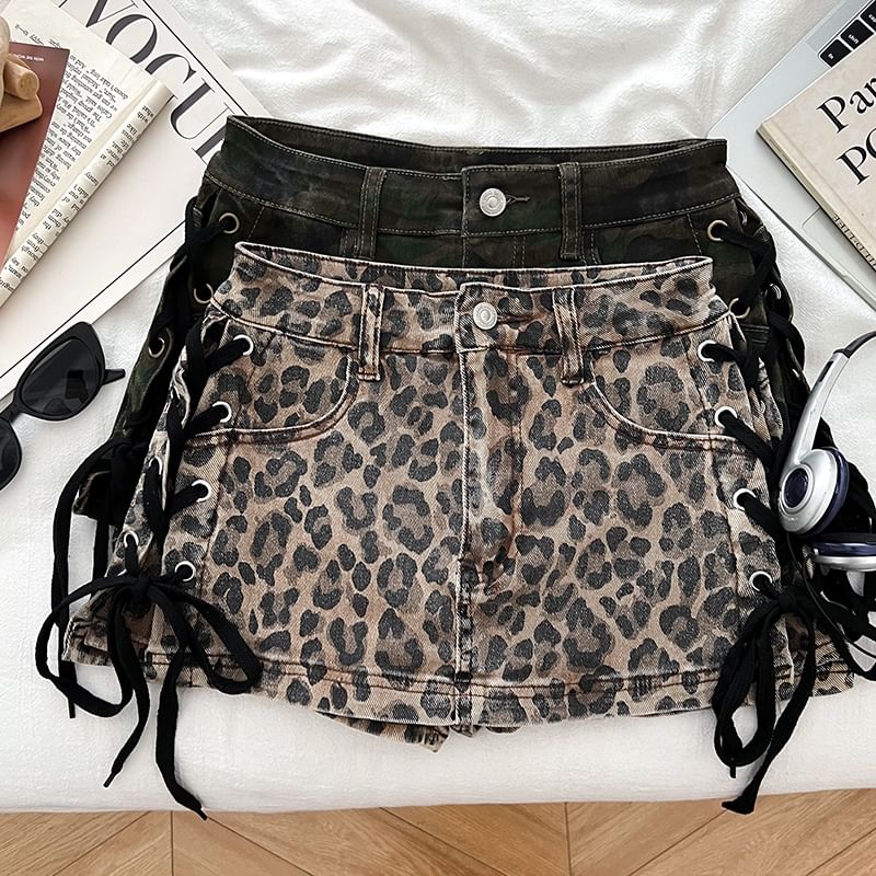 Mid Waist Lace-Up Denim Mini Pencil Skorts