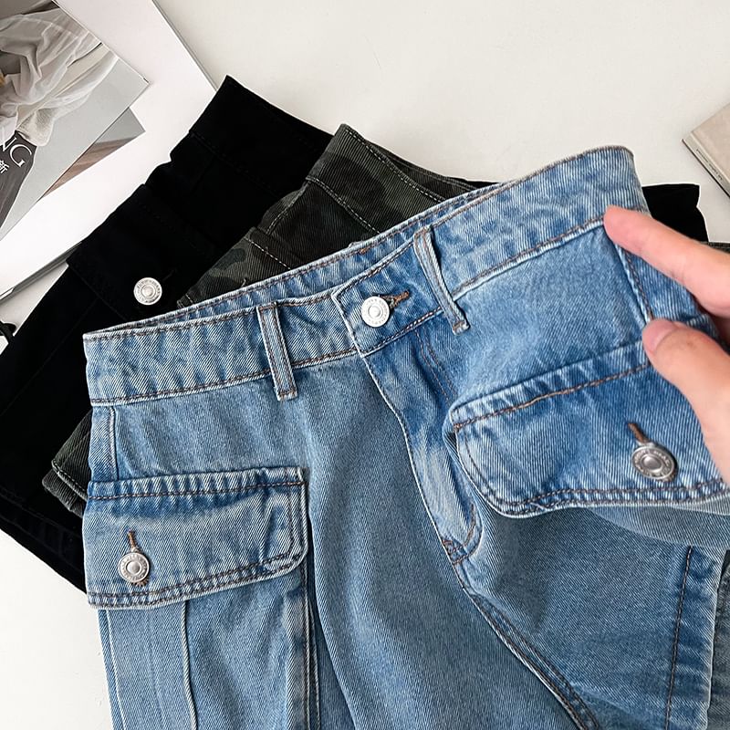 Mid Waist Denim Cargo Hot Pants