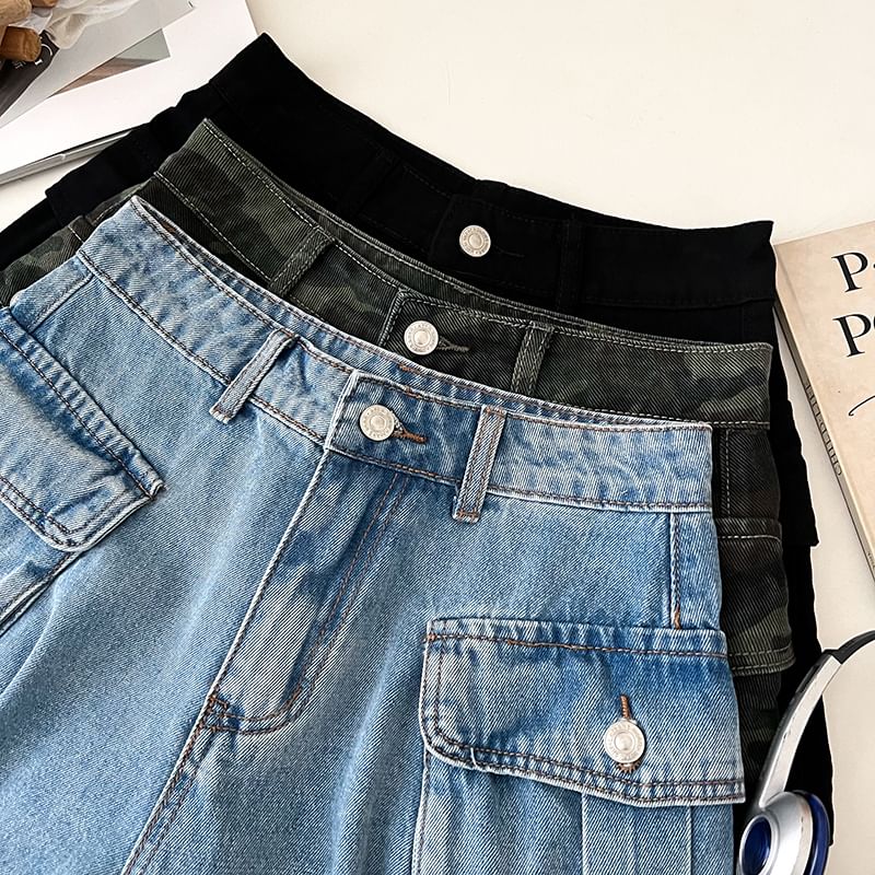 Mid Waist Denim Cargo Hot Pants