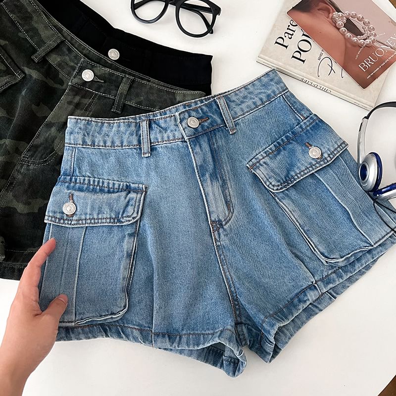 Mid Waist Denim Cargo Hot Pants