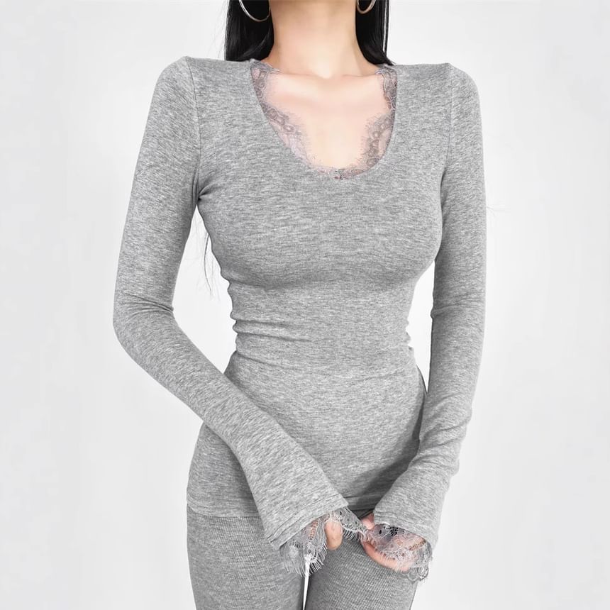 Slim Fit V-Neck Tee with Lace Panel