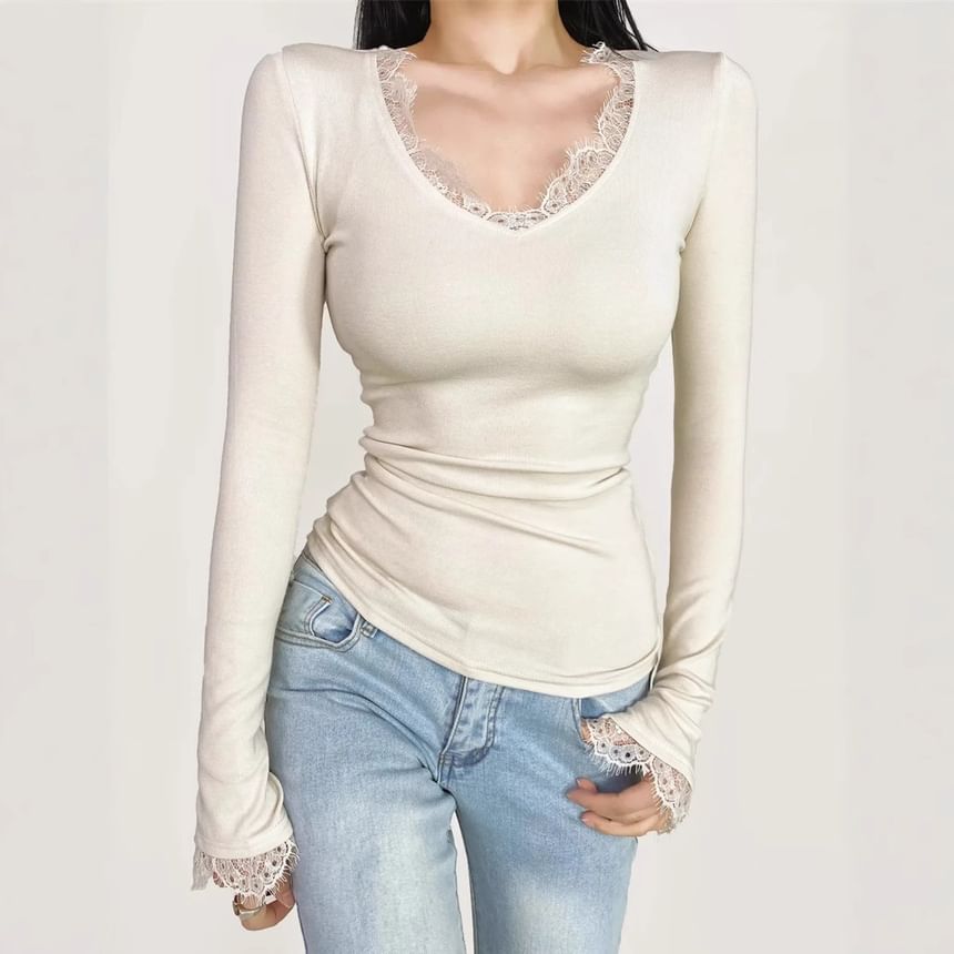 Slim Fit V-Neck Tee with Lace Panel