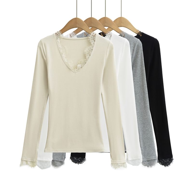Slim Fit V-Neck Tee with Lace Panel