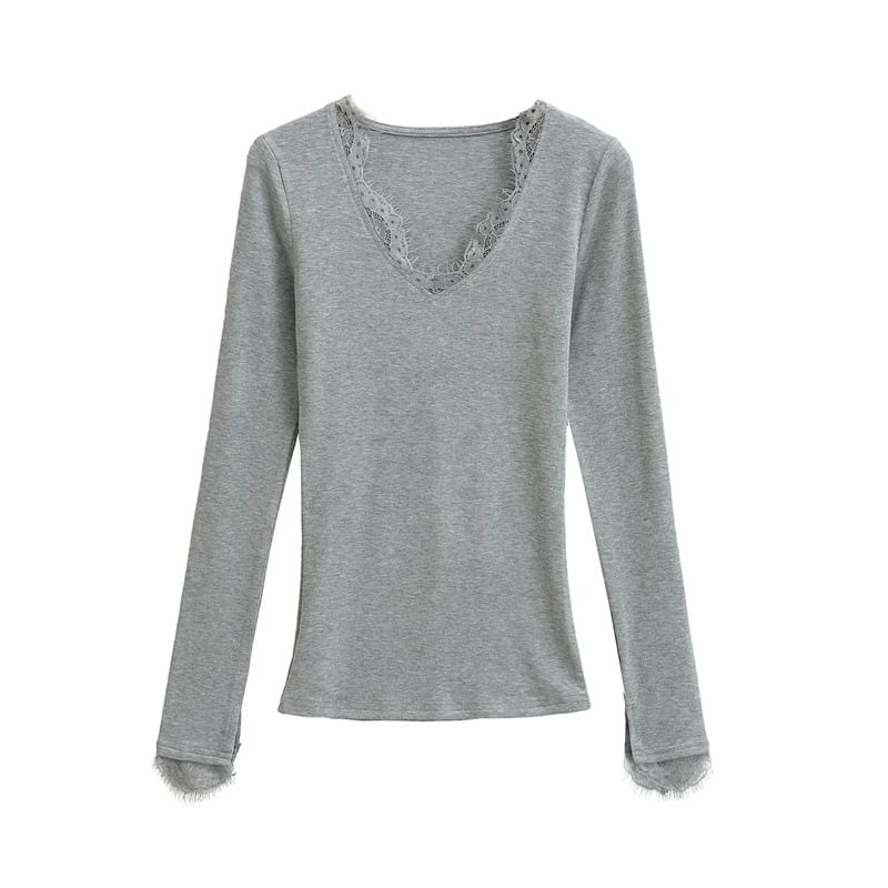 Slim Fit V-Neck Tee with Lace Panel