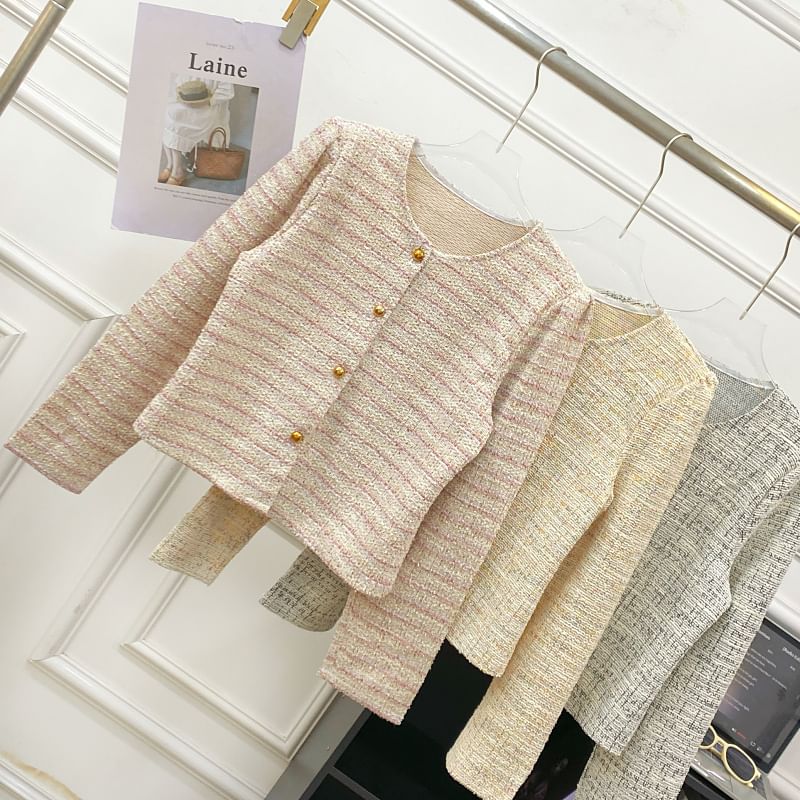 Round Neck Tweed Button Up Jacket