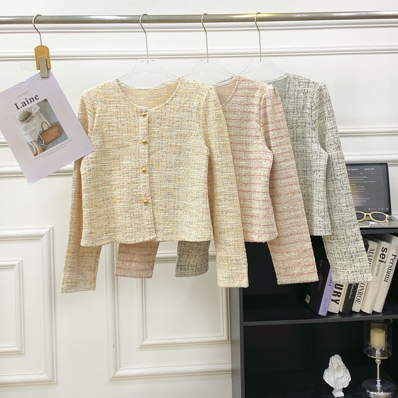 Round Neck Tweed Button Up Jacket